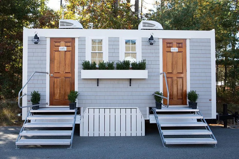 Wedding restroom units discretely staged at a venue in Brooklyn, New York